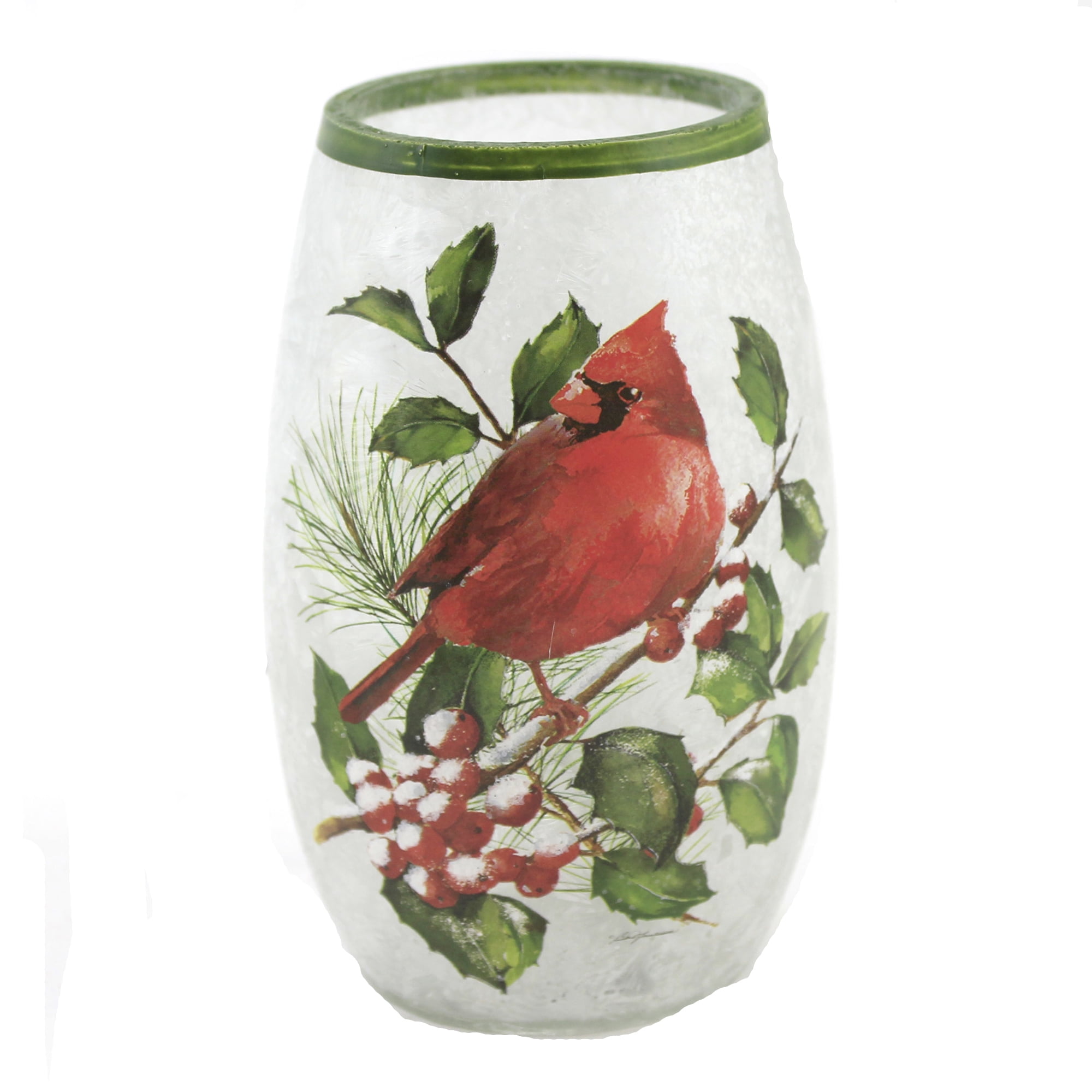 Stony Creek Frosted Glass 9.5" Lighted Vase Cardinal in Winter Snow Scene 