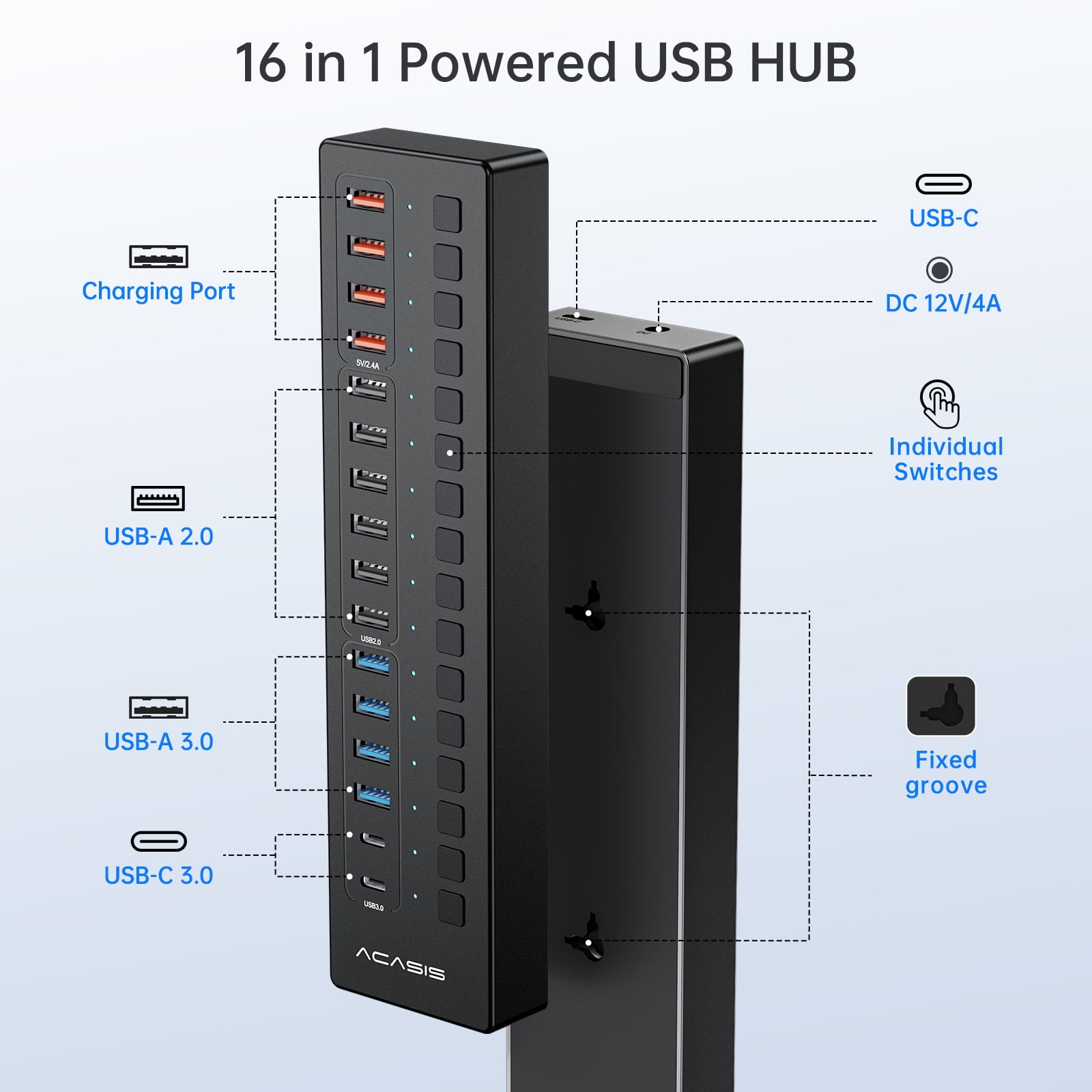 ACASIS 16 Ports USB 3.0 Hub with 5Gbps Data Speed，Aluminum Housing, USB Hub Powered with 60W Power Adapter, USB Hub for PC/Laptop, Computer, Flash Drive, Printer, Camera