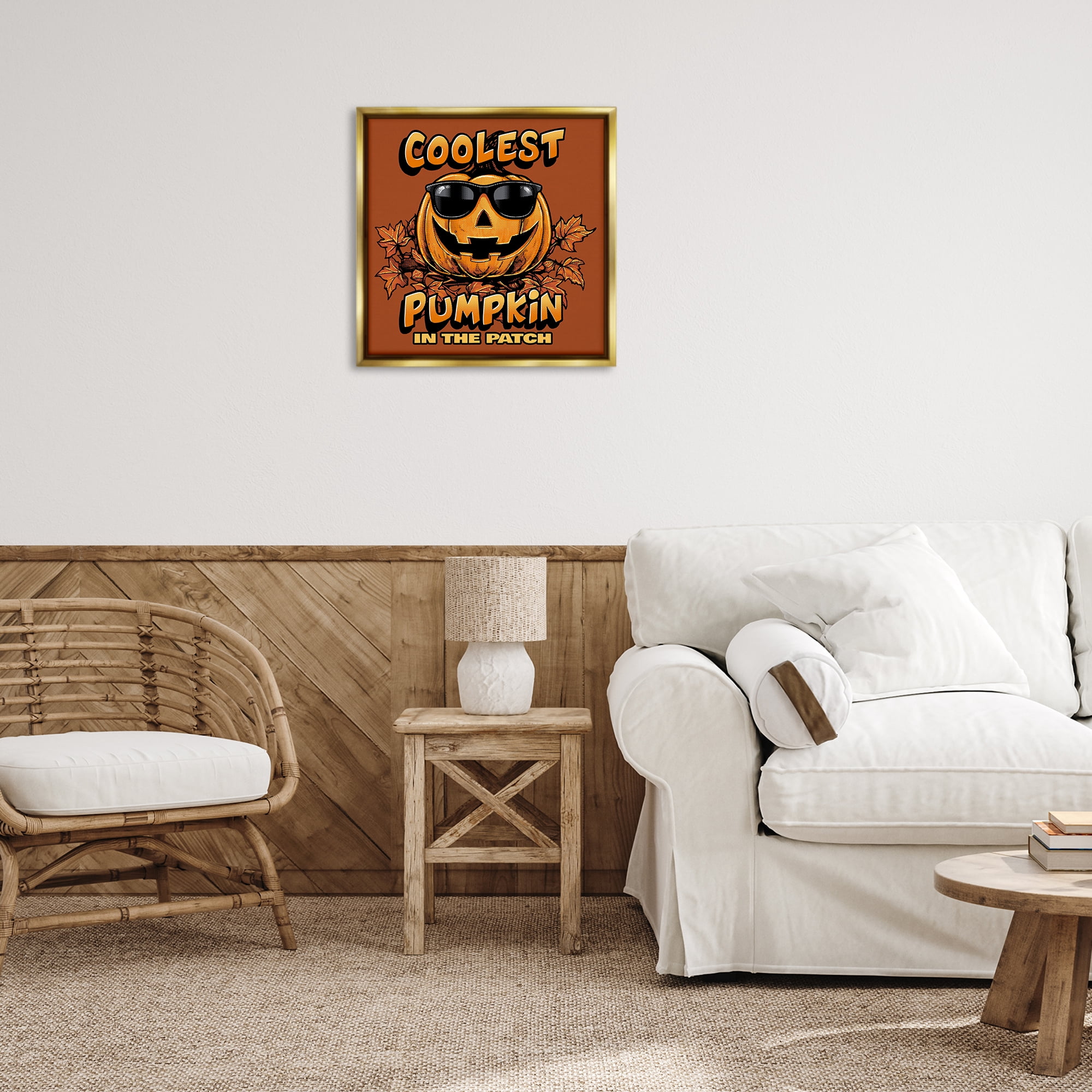 Stupell Industries Coolest Pumpkin with Sunglasses Holiday Painting Gold Floater Framed Canvas Art Print Wall Art, 25 x 25