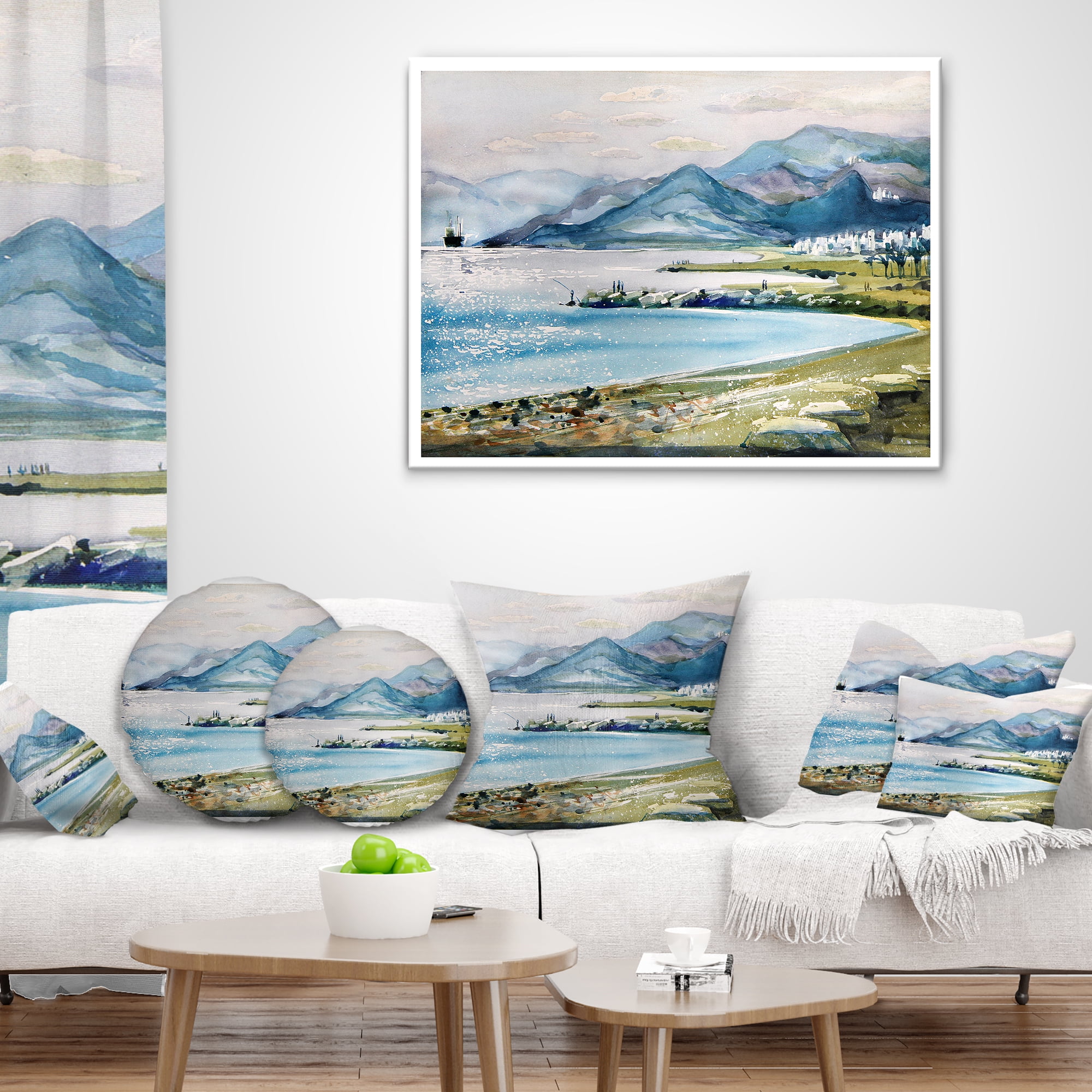 Designart Blue Hills Over Sea - Landscape Printed Throw Pillow - 12x20