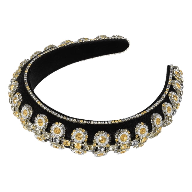 Diadema con diamantes de imitación ostentosos Diadema con borde ancho de franela en tono dorado con diamantes de imitación de doble capa para mujer 5.71 "x1.30"