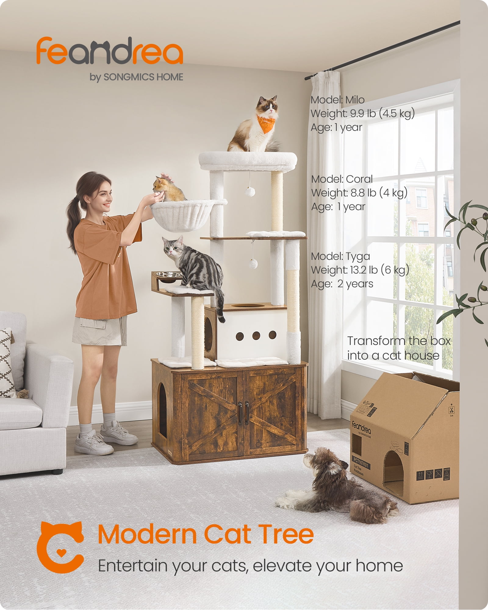 Cat Tree, 66.9-Inch Cat Tower with Litter Box Enclosure, Large Cat Condo with Scratching Posts, Food Station, Hammock, Washable Cushions, Rustic Brown