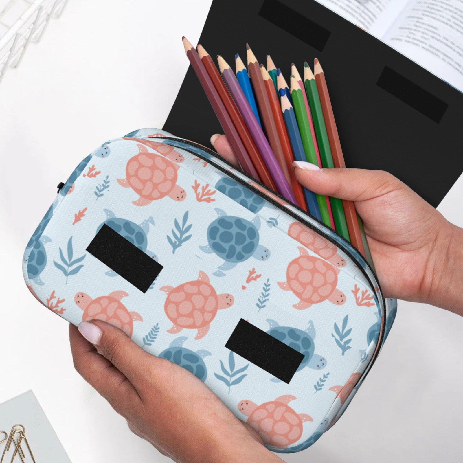 Rateoe Sea Turtle Pattern Double Clamshell Pen Case, Storage Organizer with Two Zipper Compartments– Holds Up to 50 Pencils & Pens