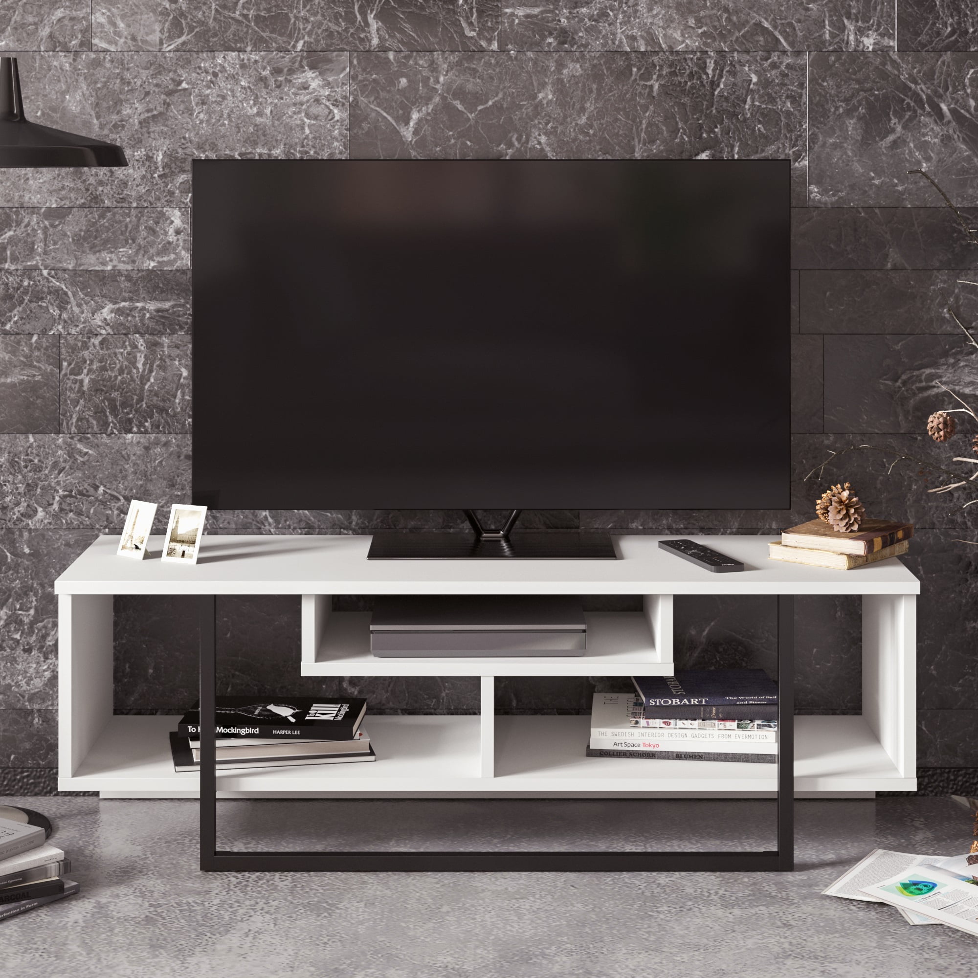 Asal 47" Modern Metal Wood TV Stand for 55 inch TV White & Black