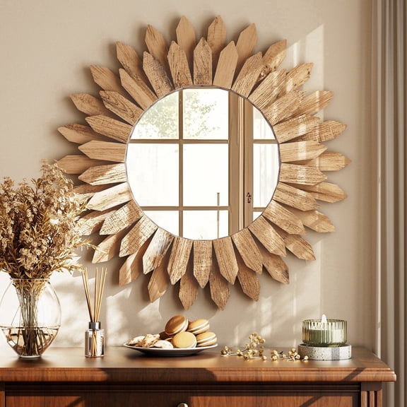 BEAUTYPEAK 20" Round Wood Sunburst Wall Mirror Vanity Mirror Wall Mounted, Light Brown