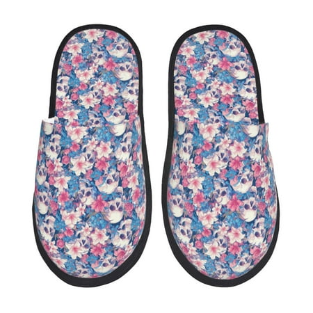 Balery white flower Skull blue Slient Indoor Furry Fleece Comfort House Shoes Soft Non-Slip Home Shoes Cotton slippers House Slippers-- Large