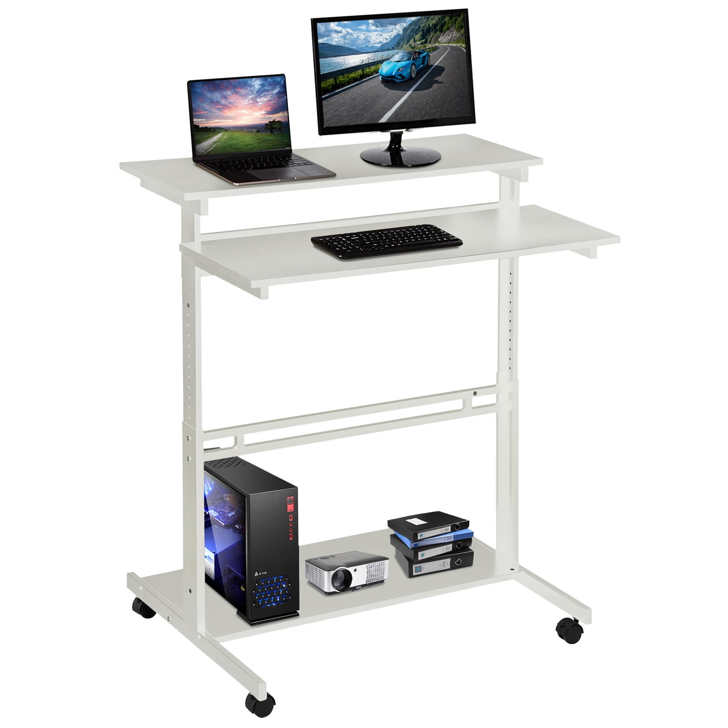 White Home Office Adjustable Standing Desk Workstation w/Casters Tray