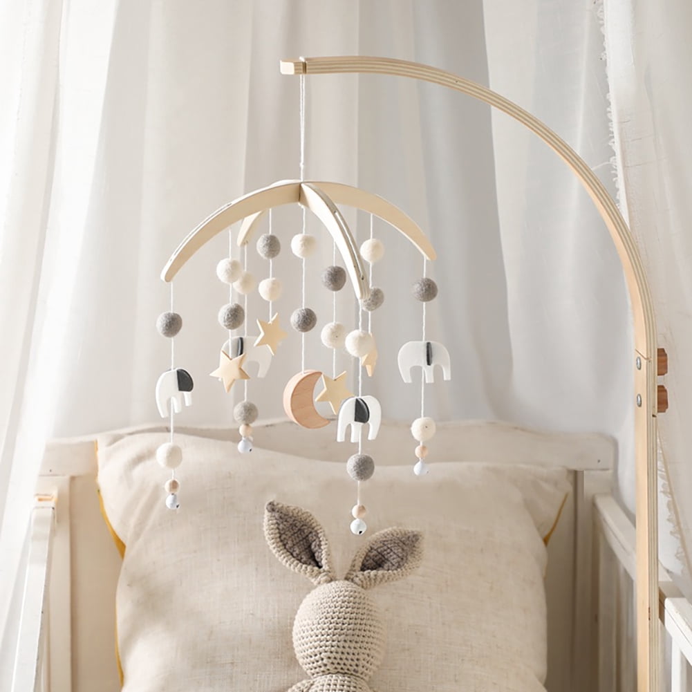 Wooden Crib Mobile, Baby Bed Bell with Stars & Moon Hanging Toys, Natural Wood Wind Chimes for Newborns, Rotating Soothing Mobile for Baby Nursery Décor – Gray
