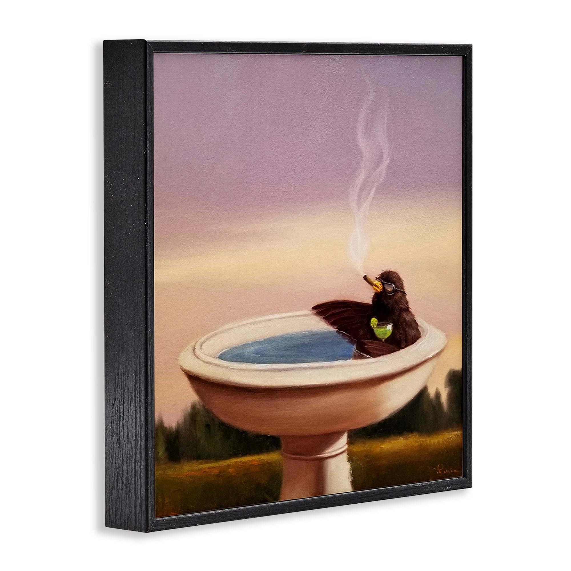 Stupell Industries Birdbath with Cocktail Humor Animals & Insects Painting Black Framed Art Print Wall Art, 17 x 17
