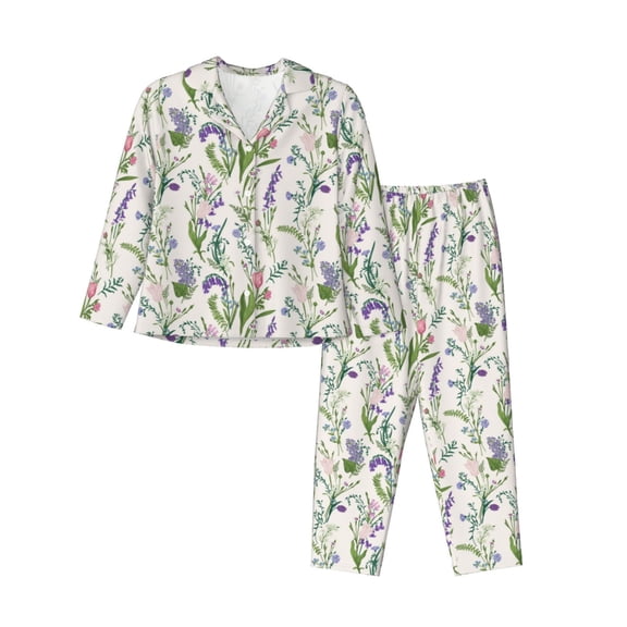 Saiise Wisteria Flower Print Women Soft Pajama Sets,Long Sleeve Sleepwear Button Up 2-Piece Pjs Lounge Sets-Small
