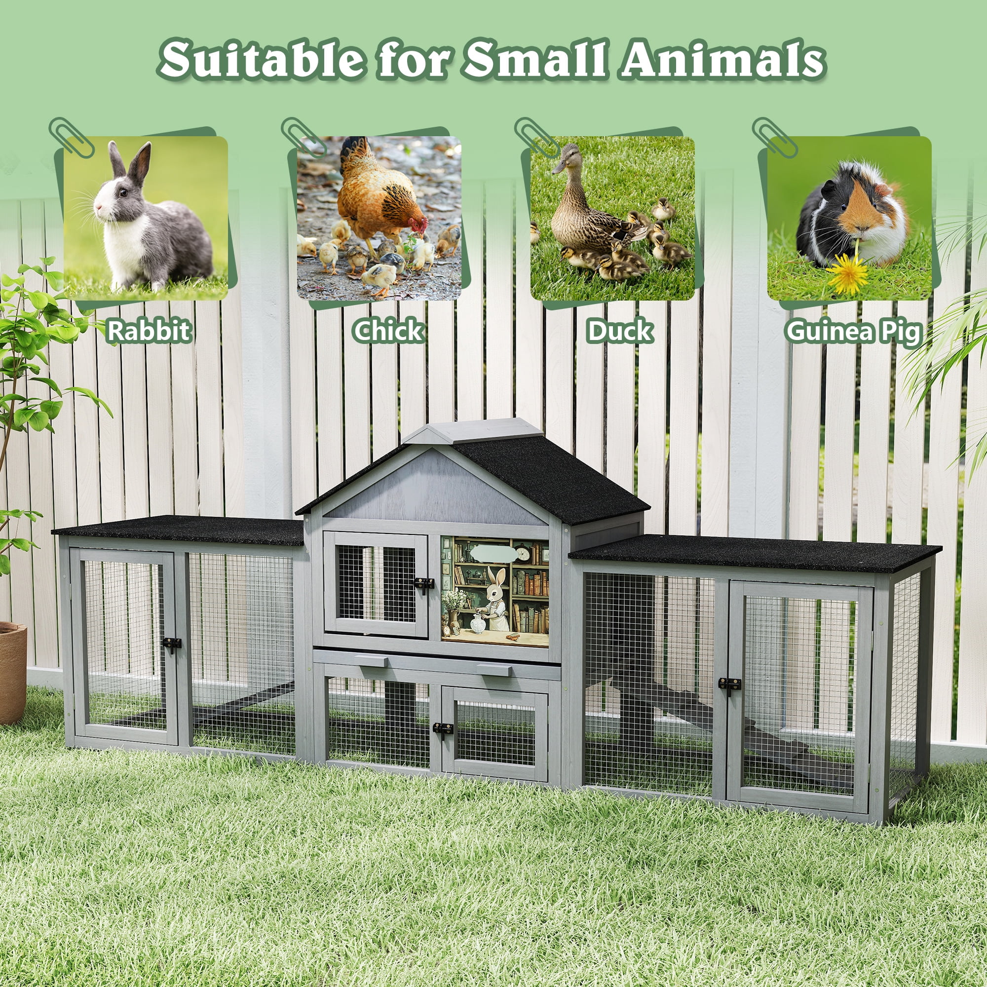 83" Wood Fashion Rabbit Hutch Chicken Coop Wooden Small Animal House, Grey