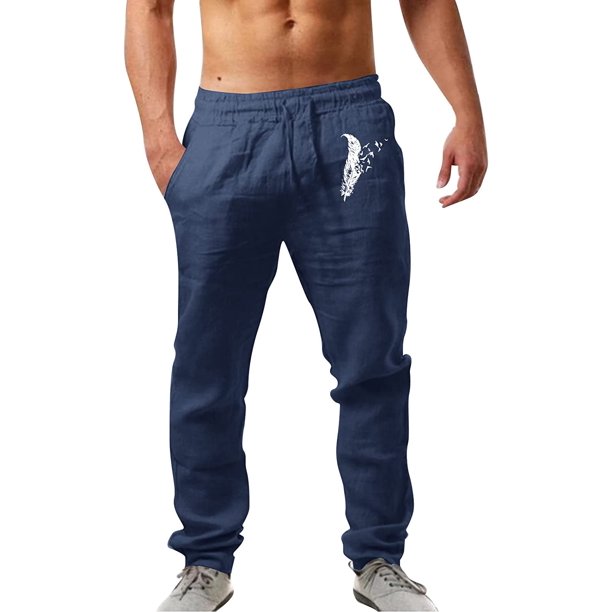 Pantalones casuales de lino para hombre, color liso, estampado de árbol, ligeros, sueltos, elásticos, con cordón, para verano, playa, yoga 075-azul marino M 075-azul marino M Xishao ropa