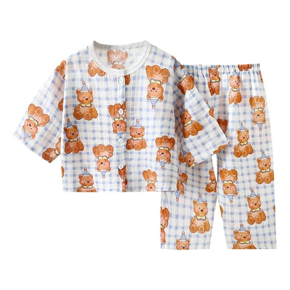 bbymog 1-12Y Girls Fall 2Pcs Pajamas Set Girls' Sleepwear Crewneck Button Up Shirt and Pants Cute Pajamas for Girls Khaki 1 Years