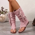 thumbnail image 2 of Womens Fringe Lace up Knee High Boots Flat Gladiator Caged Low Heeled Tassel Sandals Party Prom Flip Flops Pink Size 7, 2 of 7