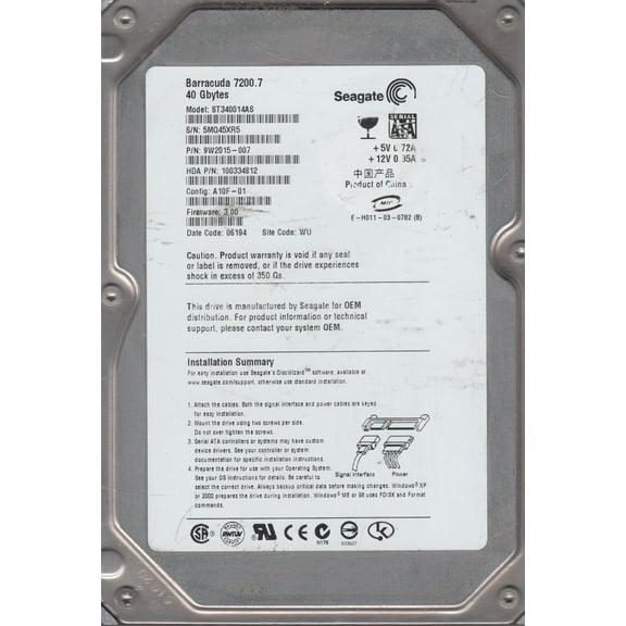 ST340014AS, 5MQ, WU, PN 9W2015-007, FW 3.00, Seagate 40GB SATA 3.5 Hard Drive