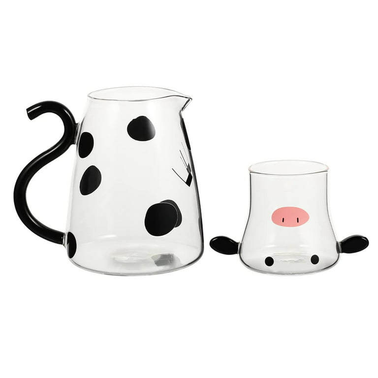 1 Set Glass Carafe Pitcher with Glass Mug Cute Cow Glass Tea Pitcher Kettle  Milk Jug Night Water Carafe for Midnight Drink Home Office Hotel 