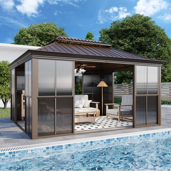 Hommow 12' X 14' Sunroom, Hardtop Gazebo Solarium with Detachable Windows & Light Galvanized Steel Double Roof, for Patio Deck Backyard