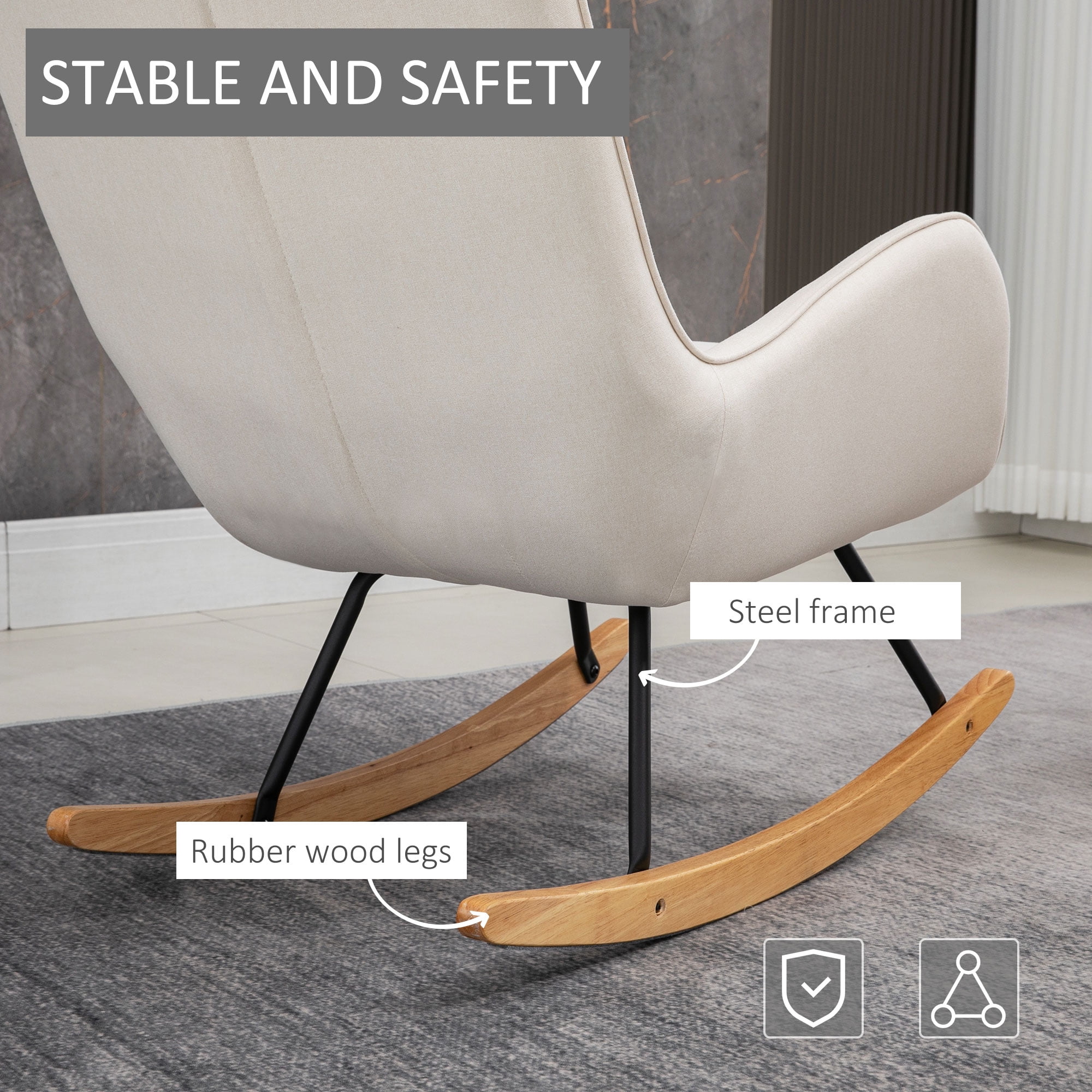 HOMCOM Mid-Century Fabric Rocking Chair Sofa Armchair Tufted Rocker Wingback Accent Chair with Padded Seat, Rubber Wood Base for Home Studio, Bedroom, Living Room, Cream White