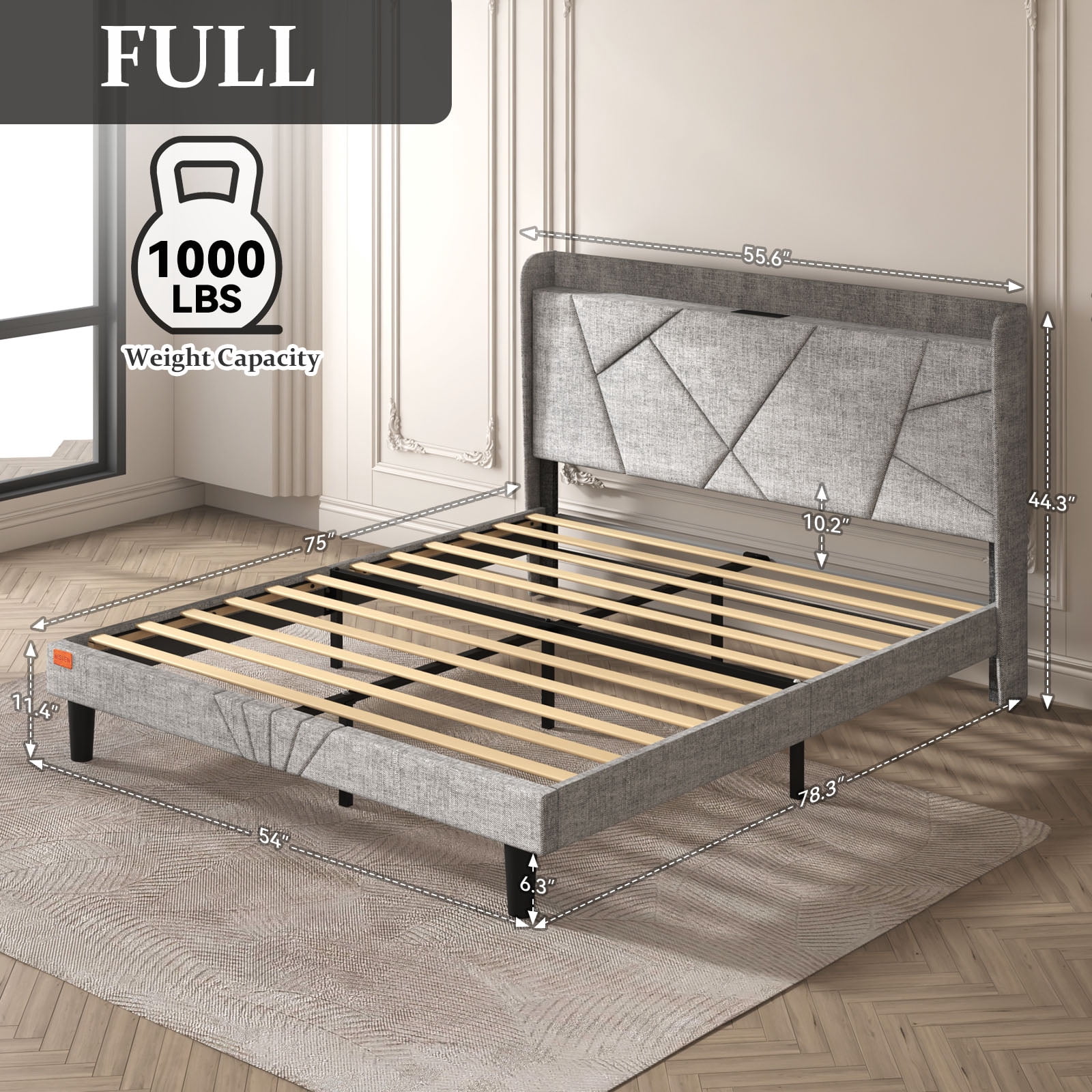 NISIEN Full Size Bed Frame with Charging Station, Upholstered Platform Bed with Wingback Storage Headboard, Light Gray