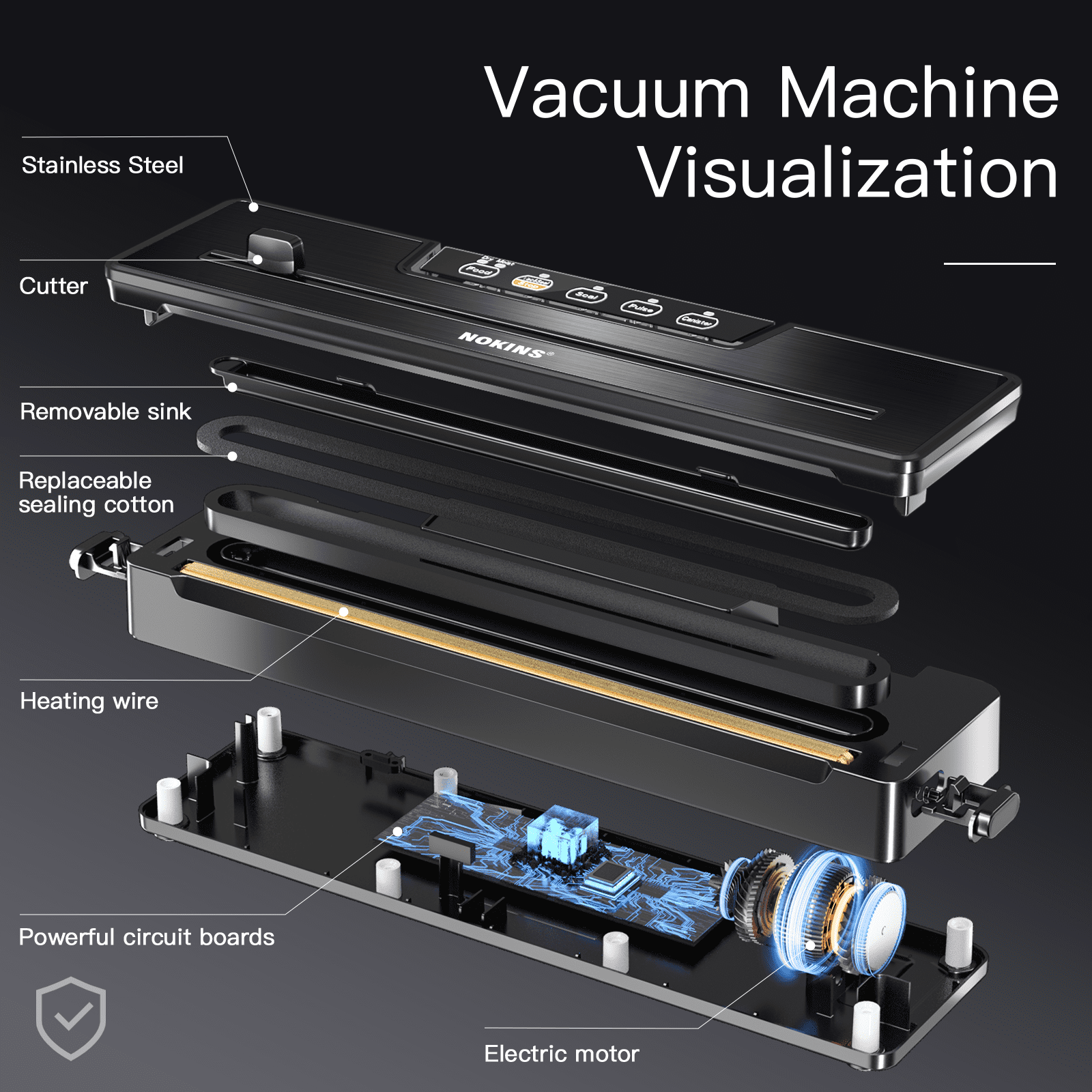 NOKINS 8-in-1 Food Vacuum Sealer Machine, Black, with Stainless Steel Surface and Detachable Drip Tray