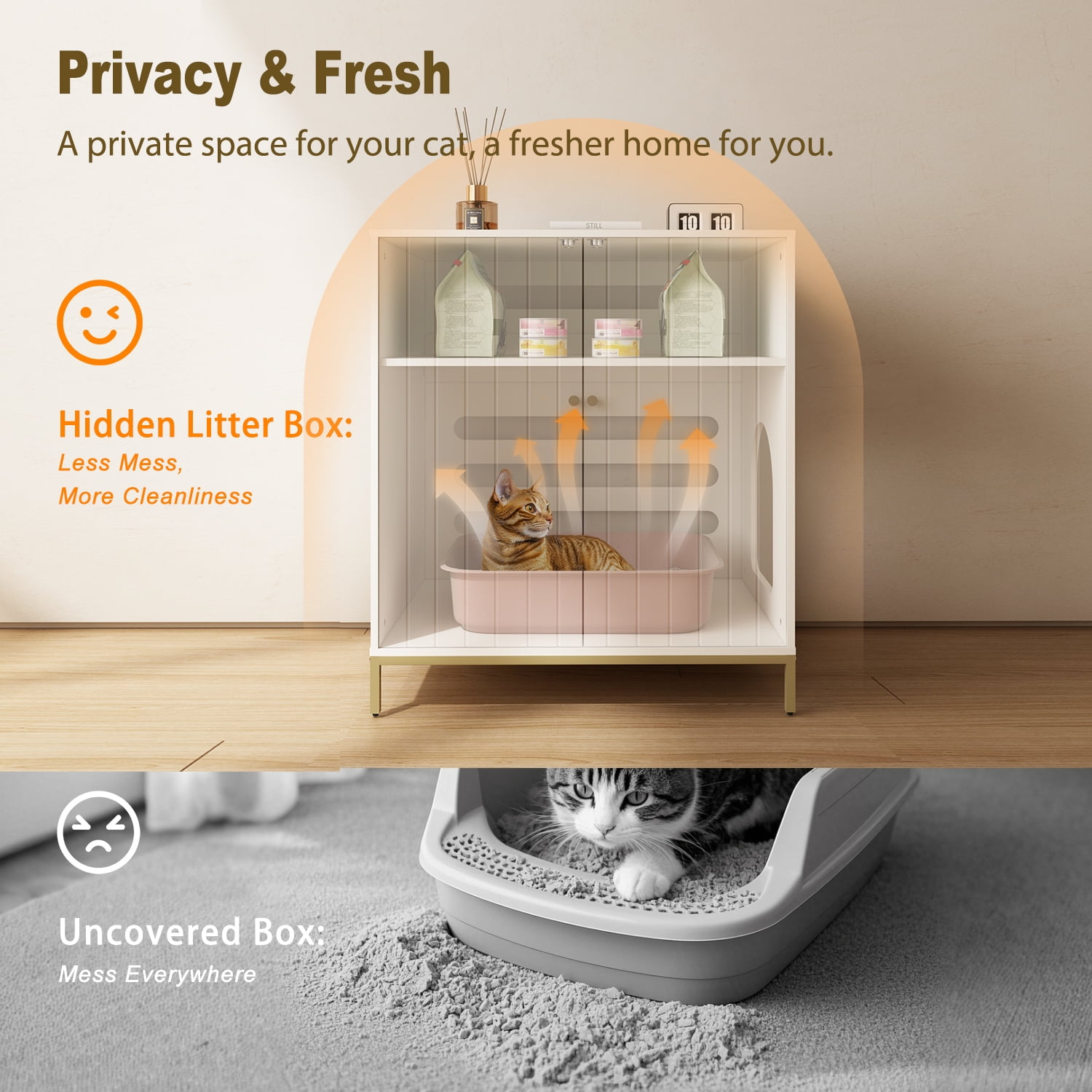 Stylish Cat Litter Box Enclosure, Modern Hidden Litter Box Furniture with Tall Legs, Side Entrance, and Dual Use as End Table for Living Room or Bedroom (White & Gold)