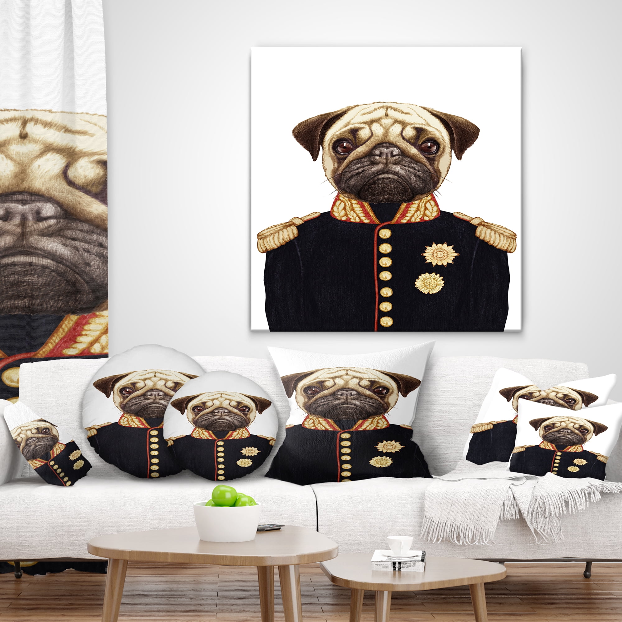 Designart Funny Pug Dog in Military Uniform - Animal Throw Pillow - 18x18