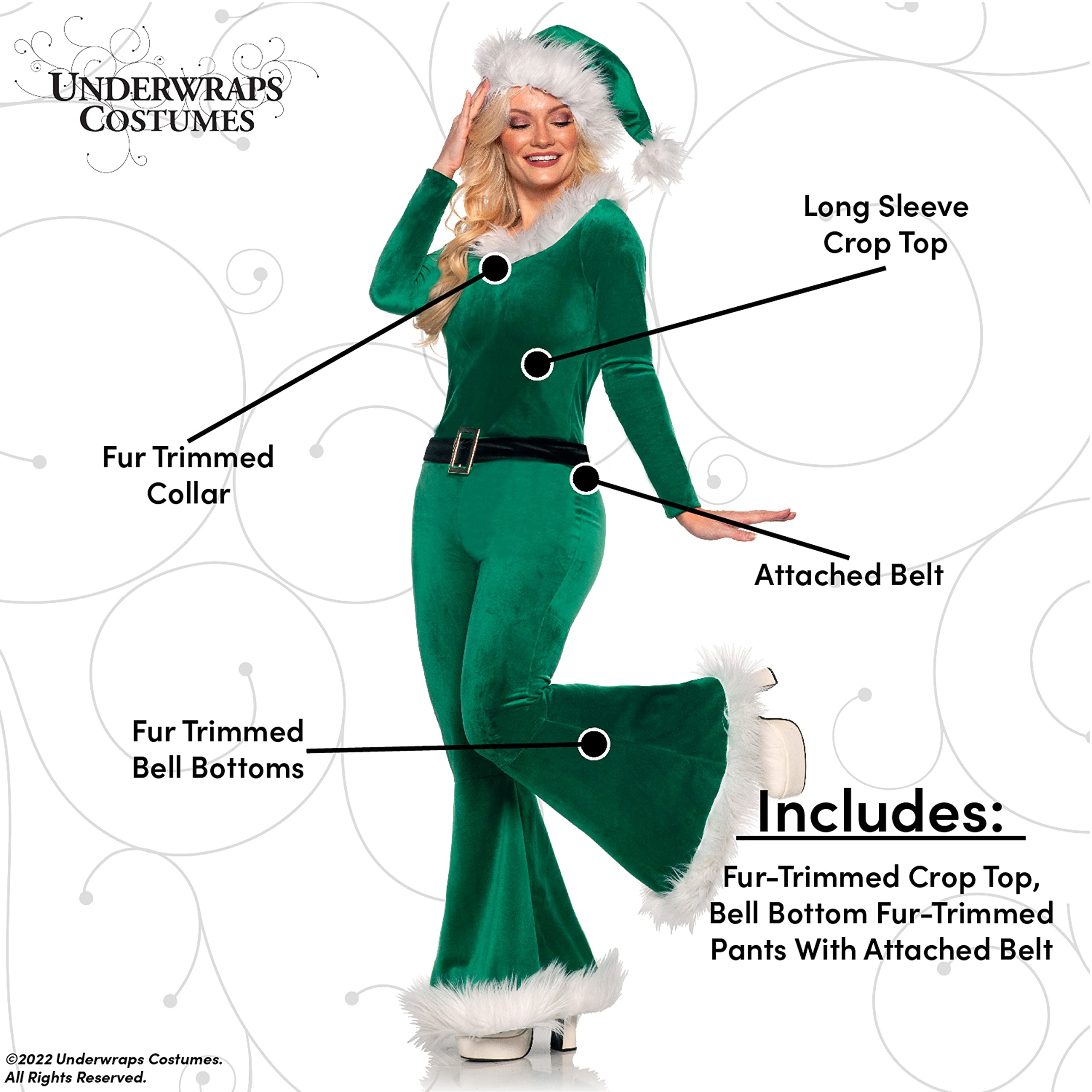 UNDERWRAPS Holiday Bell Bottom Jumpsuits - Sexy Santa & Elf Velvet Jumpsuits, Women's Jingle Sexy Christmas Holiday Disco Jumpsuit with Faux Fur, Large (12-14)
