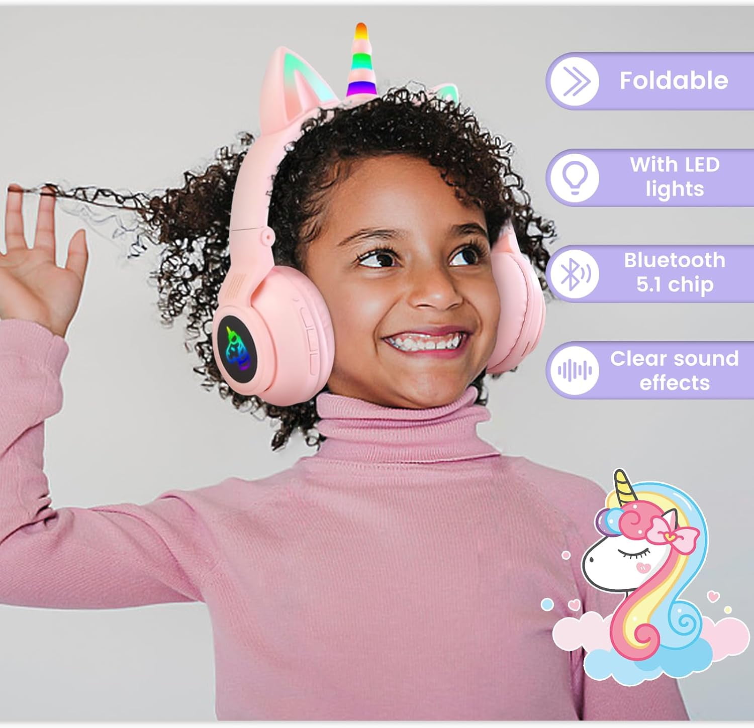 Unicorn Kids' Bluetooth Headphones,Foldable Wireless Headphones for Children with Cable and Microphone Earphones Volume Control,Unicorn-Inspired Gift Design for Birthday Gift & Christmas (pink)