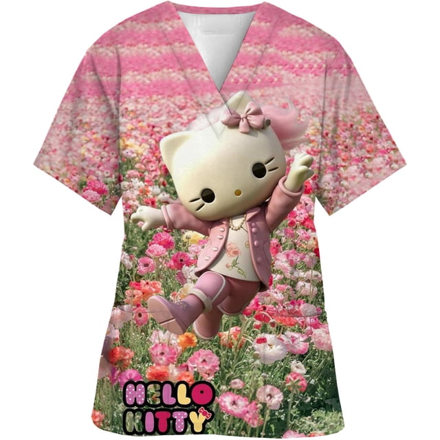 Uniforme d'Infirmière Kawaii, Hauts de Blouses Médicales pour Femmes, Imprimé Hello Kitty, Manches Courtes, Poches