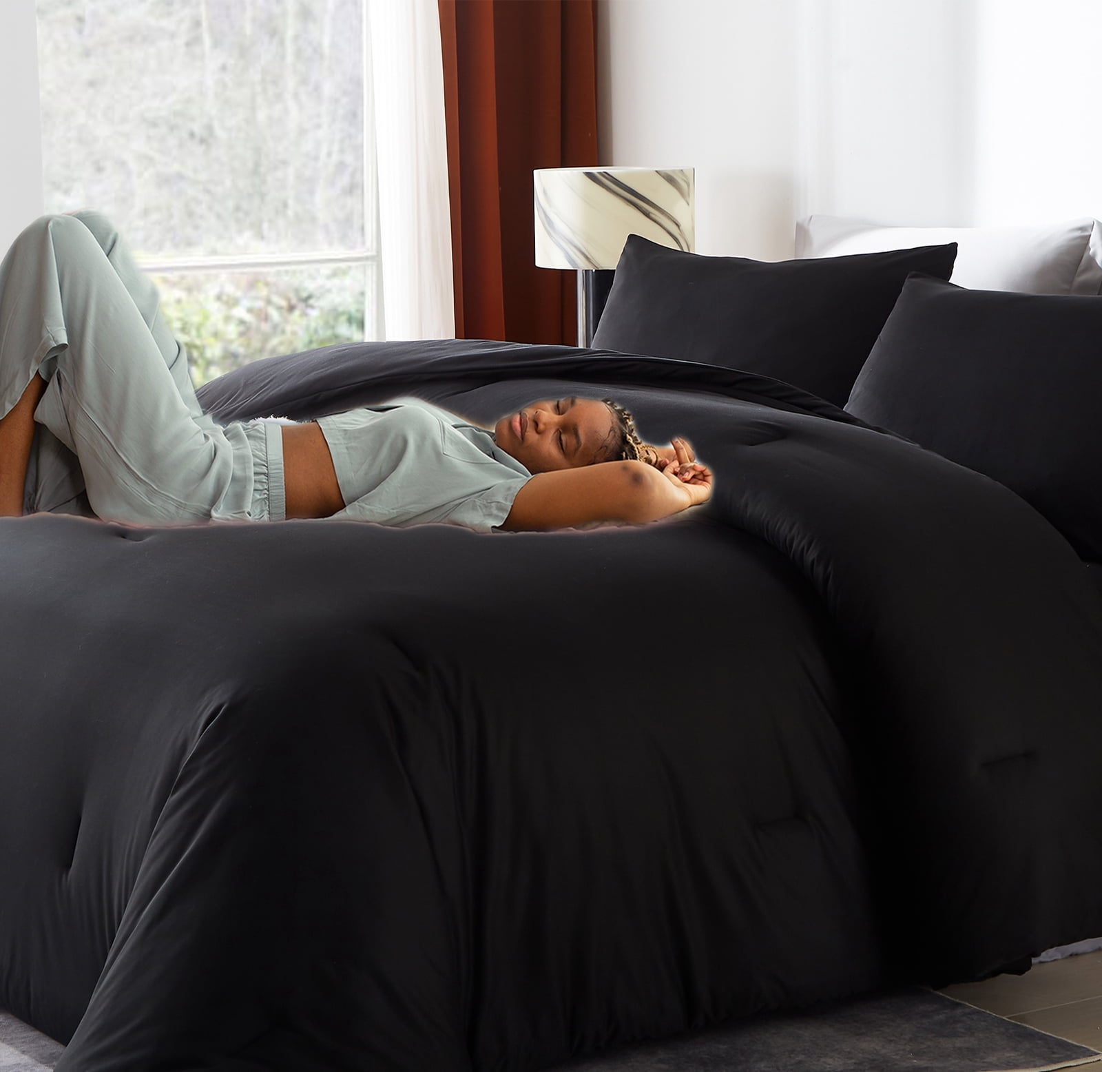 MorroMorn Twin Comforter Set, 4 Pieces Soft Bedding Sets for All Seasons, Bed in a Bag with 1 Down Alternative Duvet Insert 68×90 Inches, 2 Pillowcases and 1 Fitted Sheet (Twin/Twin XL Size, Black)