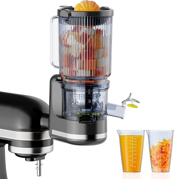 Juicer Attachment for KitchenAid, Cold Press Slow Juicer with 4.9" Large Feed Chute for Whole Fruits & Vegetables, Includes 2 * 1L Measuring Cups for