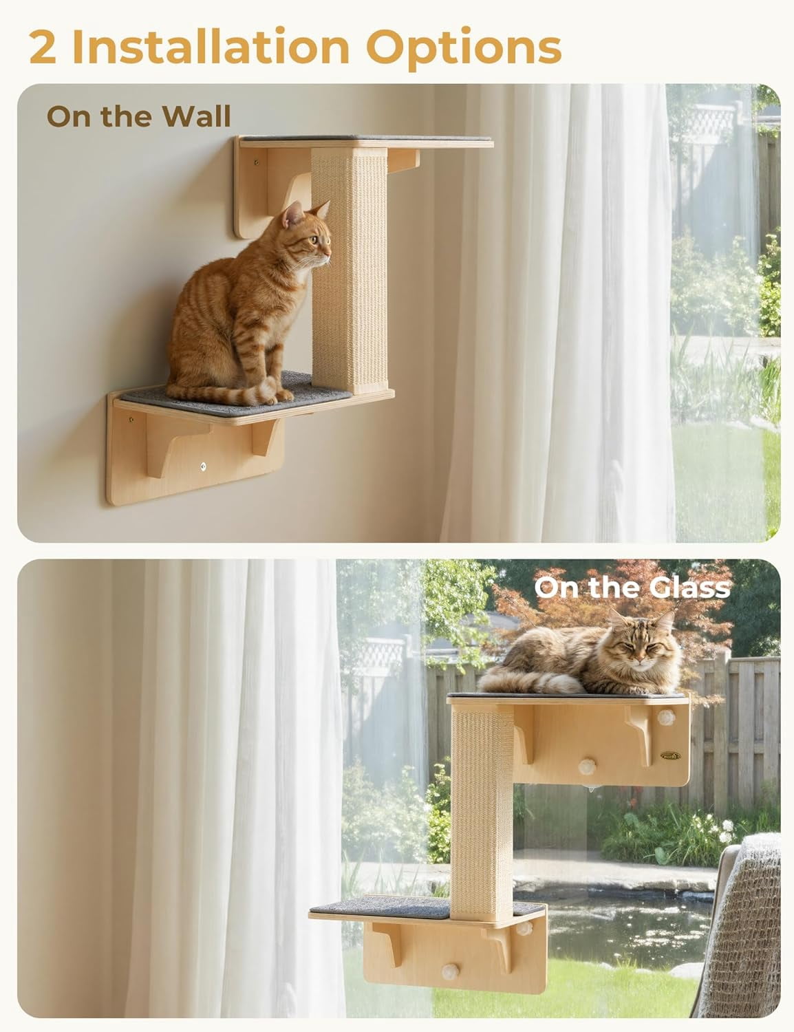Double Cat Shelves with Scratching Post for Wall and Window with Solid Wood, Strong Suction Cup, Washable Cover Mat, Cats Perch Bed for Birds Watching Inside Indoor Cat Hammock Bed