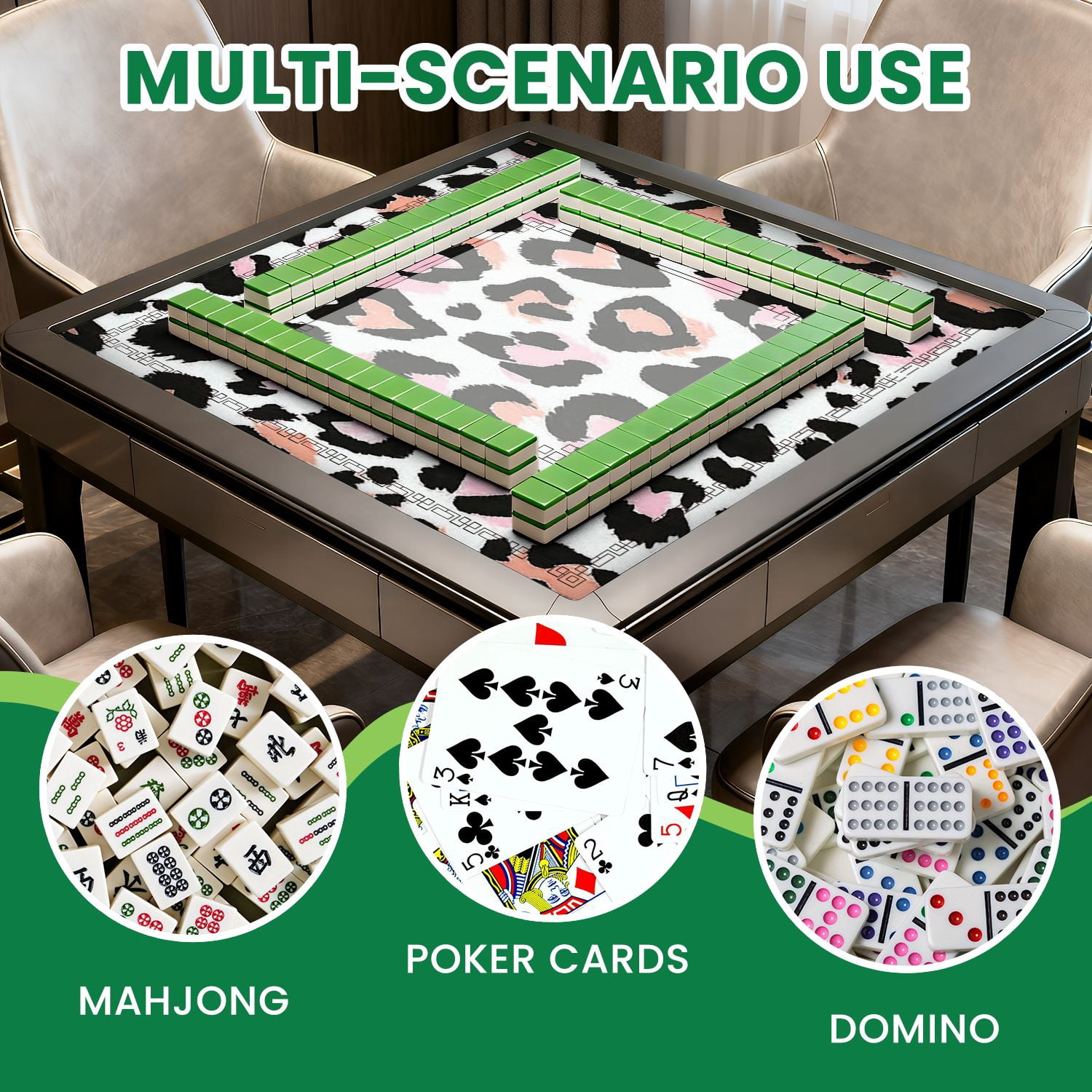 Mahjong Mat 31.5" x 31.5" Leopard seamless heart design Non-Slip Noise Reduction American Mahjong Tiles Table Cover for Dominoes Poker Card Board Games Gift