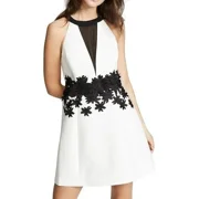 HALSTON Heritage Women Silk Blend Floral Embroidered Round Halter Neck A-line Dress
