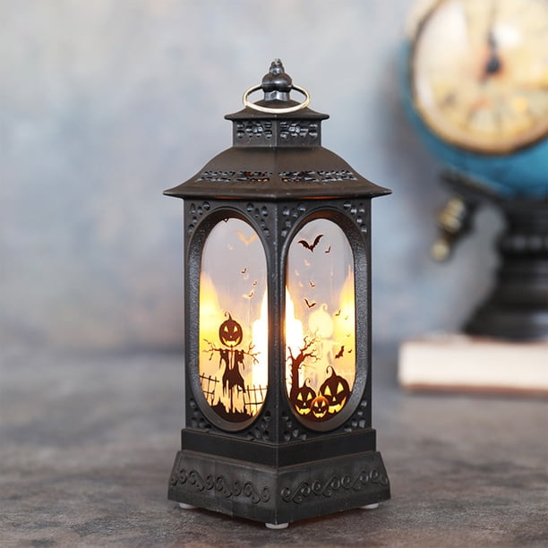 Mini Farol de Halloween | Farol portátil LED con vela | Lámpara decorativa de plástico negro alimentada por pilas | Acento central para fiestas | 13x5x5cm | 1-Pack