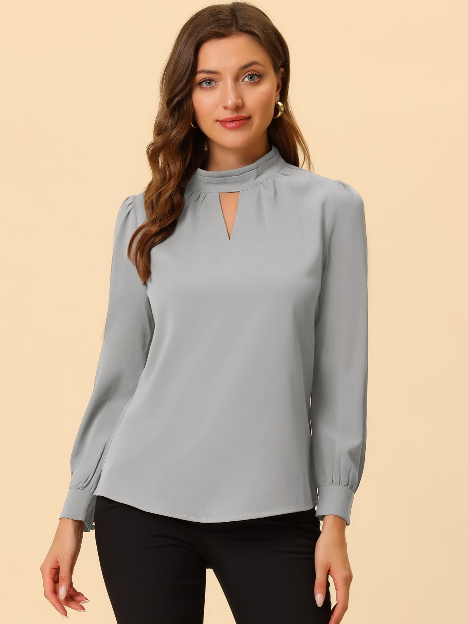DARING DIVA Women's Stand Collar Long Sleeve Office Blouse XS Grey
