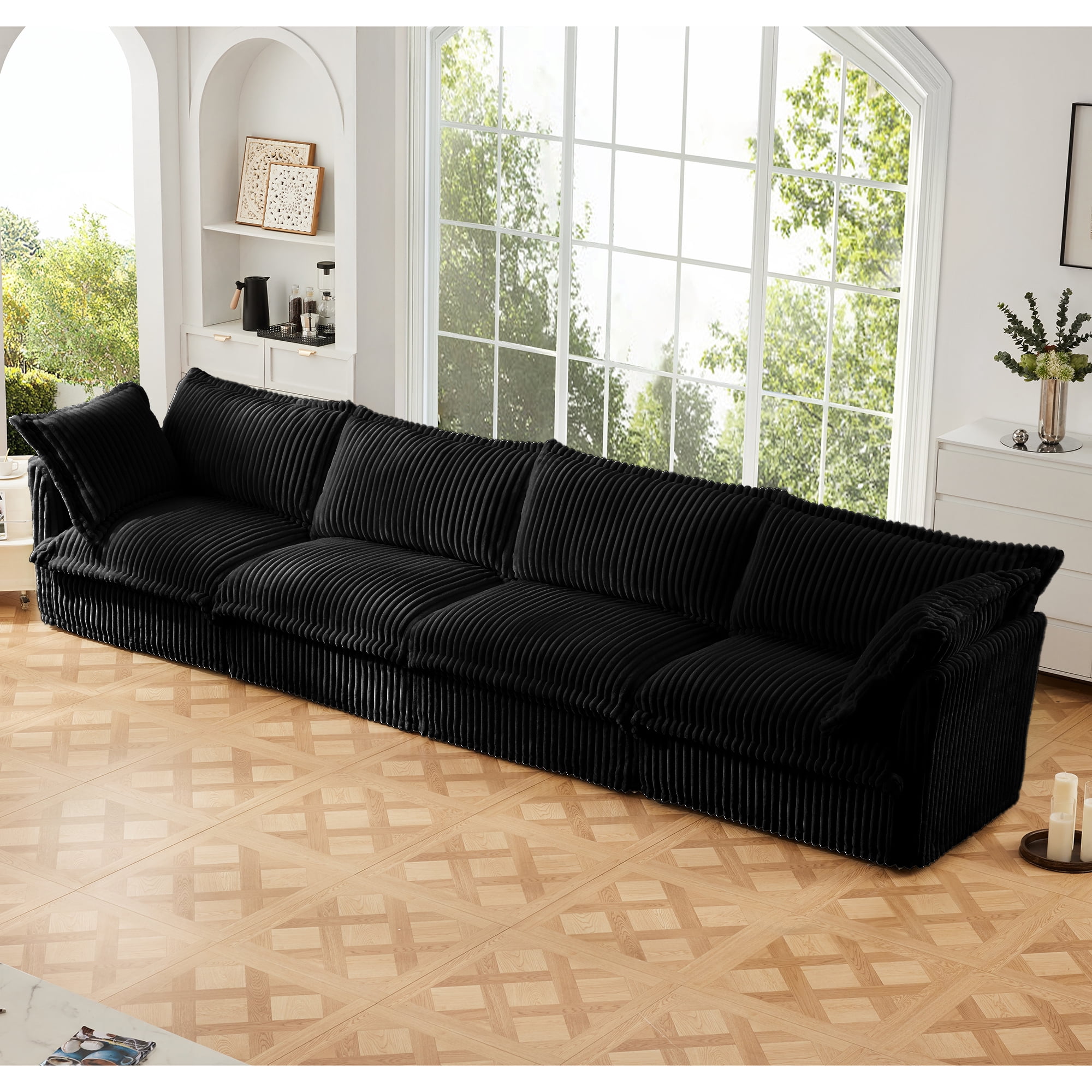 Gewnee Deep Seat Slipcovered Oversize 4 Seater Sectional Sofa Couch with Removable Cover,Comfy Black Corduroy Fabric for Living Room