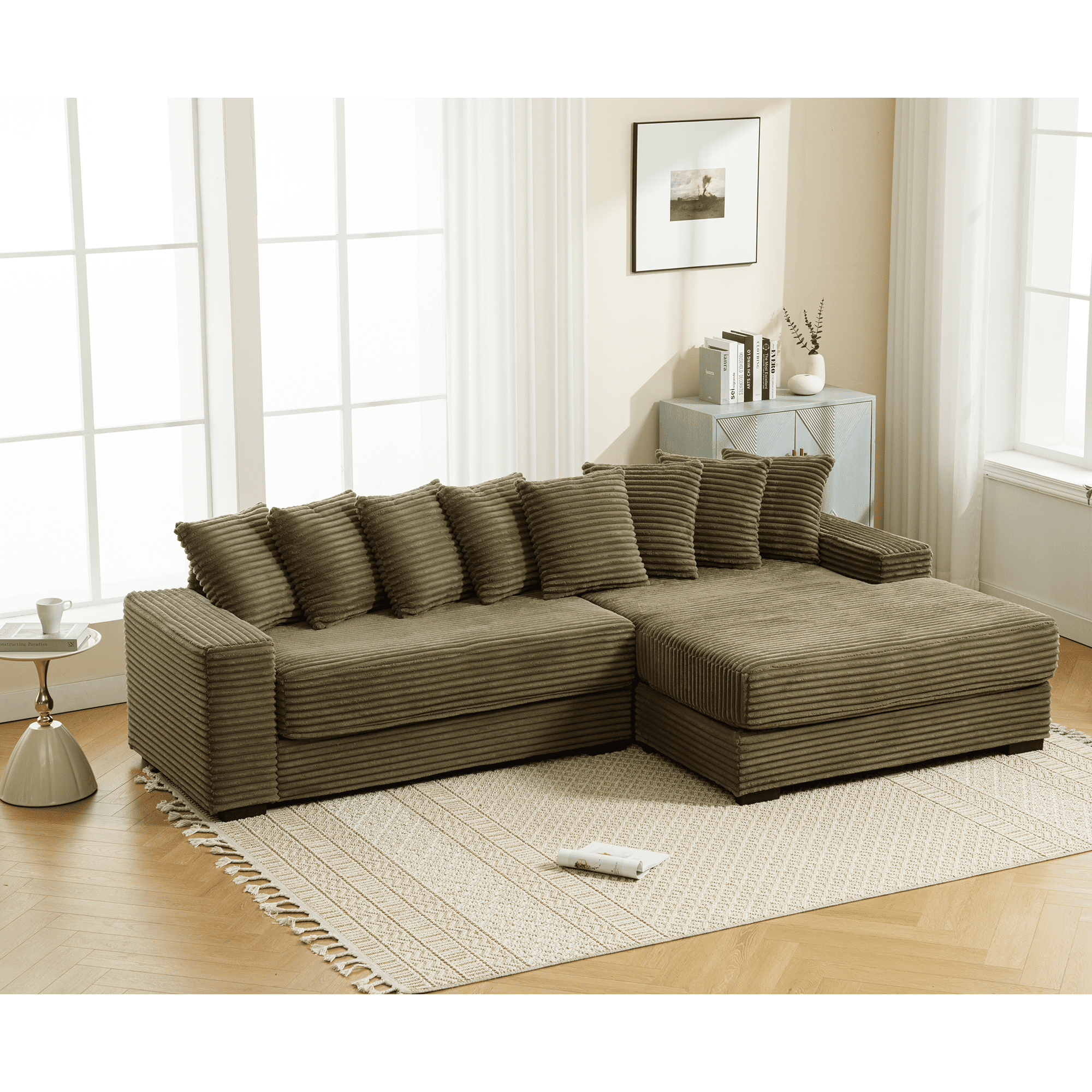 AISWORD 111" Oversized 3-Seat L-Shaped Sectional Sofa with Left Chaise, Luxury Corduroy Fabric Modular Couch with 8 Throw Pillows, Easy Assembly for Living Room