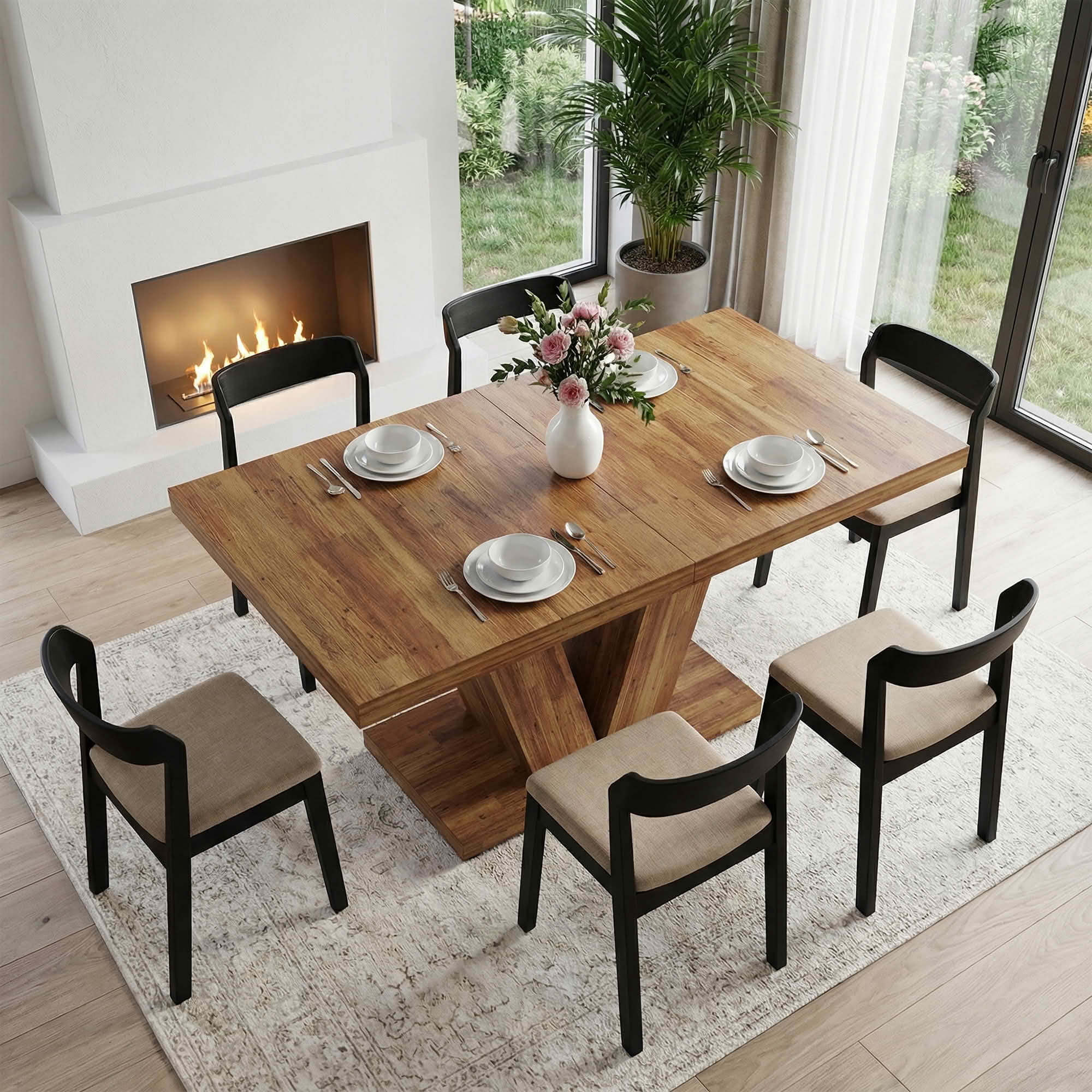 MAYEERTY 47 Inch Farmhouse Dining Table, Rectangular Kitchen Dinner Table with Heavy Duty Triangular Pedestal Base for 4 to 6 People