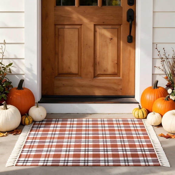 Texas Halloween Woven Doormat 39 x 59 Inch Front Porch Layering Rug Autumn Indoor Outdoor with Tassels Fringe Easy to Clean Weather Resistant Brown and White Classic Checkered Pattern