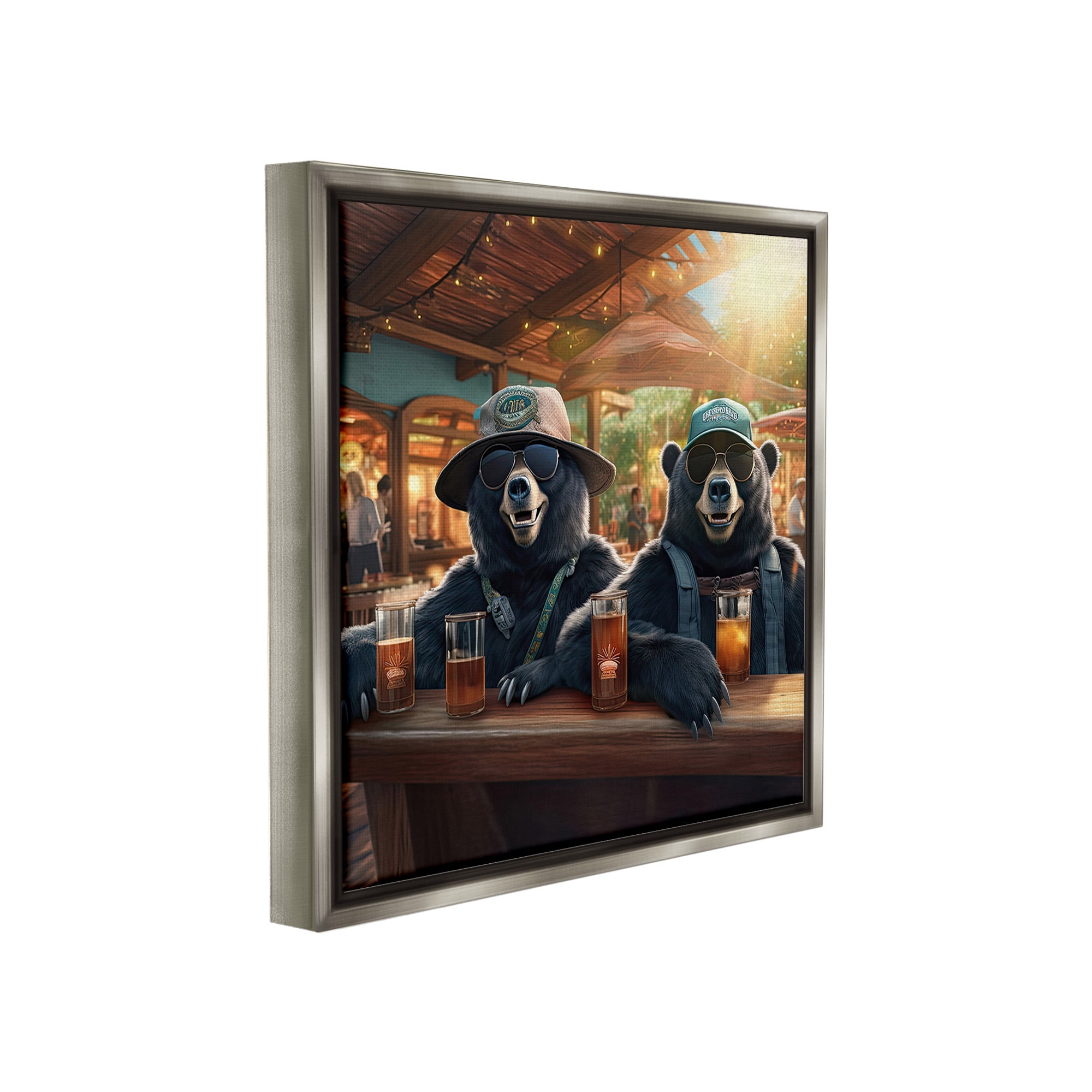 Stupell Industries Drinking Bears at Bar Animals & Insects Painting Gray Floater Framed Canvas Art Print Wall Art, 25 x 25