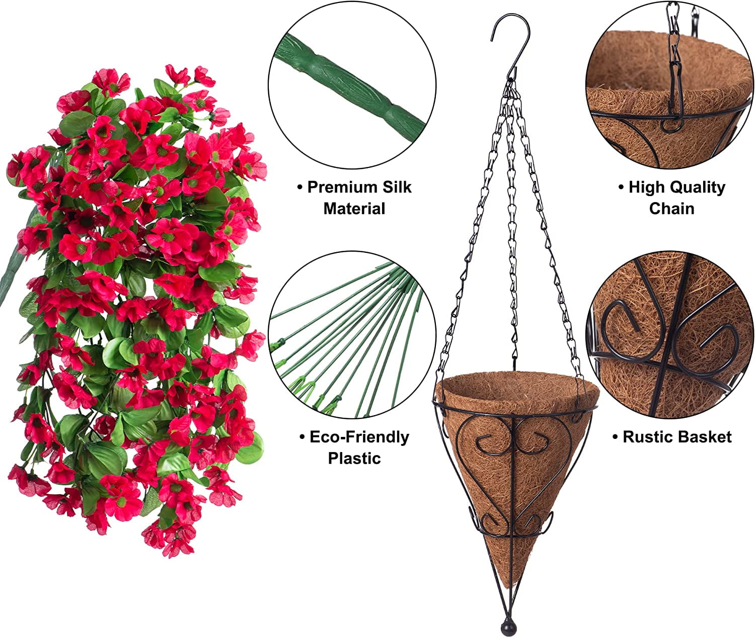 Artificial Hanging Flowers in 12 inch Basket, Fake Plant Silk Orchid Flower Arrangement with Coconut Lining Pot Planter for Patio Garden Porch Deck Spring Decoration(Rose and Pink)