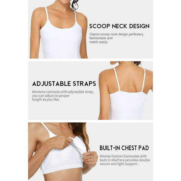  White Camisole For Women Built-in Shelf Bra Adjustable  Spaghetti Strap Tank Top Cotton Cami For Layering 2 Pack
