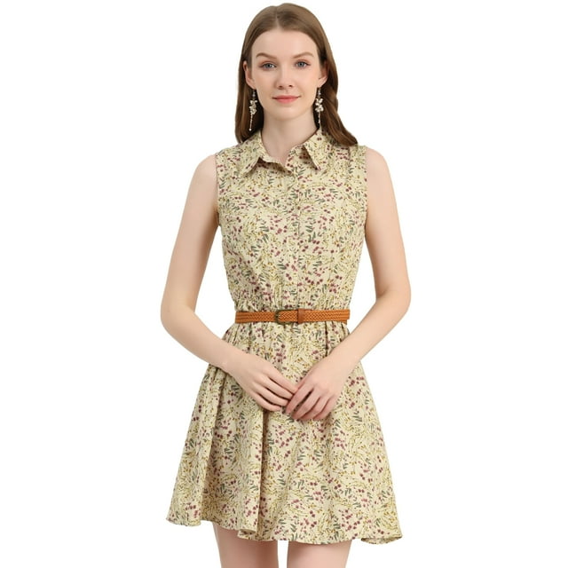 INSPIRE CHIC Robe Sans Manches à Imprimé pour Femme à Demi-Patte de Boutonnage avec Ceinture