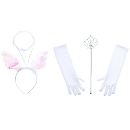Mozlly Value Pack - White Royal Princess Wand and Gloves Set AND White Angel Halo Fluffy Headband with Wings - Pretend Play Dress Up - 2 Items - Item #K110109-110113