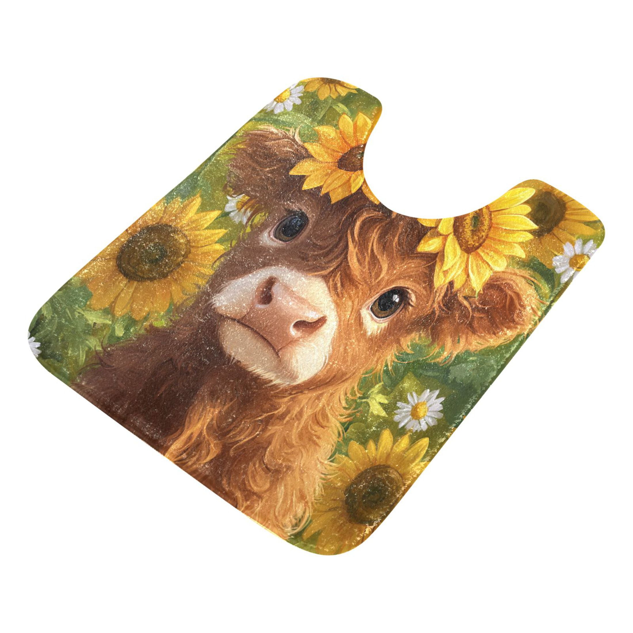 2 Piece Soft Bathroom Rug Set Cute Highland Cow Bath Mat and U-Shaped Toilet Contour Rug (16"x24"+20"x24")