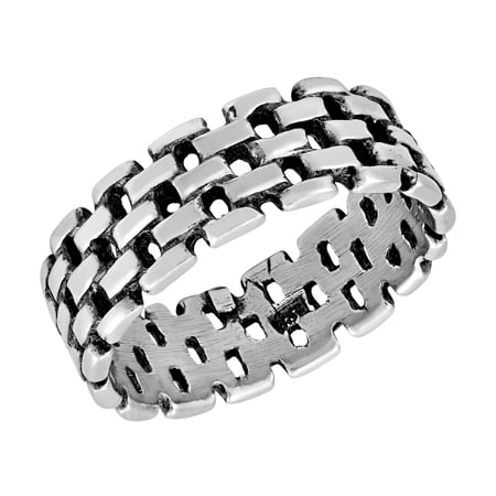 Modern Brick Pattern Stone Wall Sterling Silver Ring Band-9