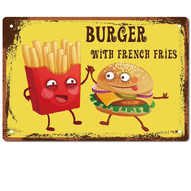 Letreros de hojalata de hamburguesa con papas fritas, letrero vintage de metal, decoración de pared, placa, póster, obra de arte