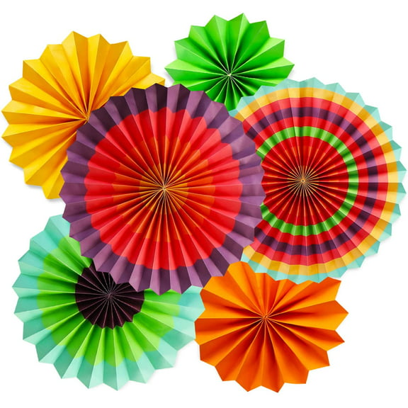 6 Pcs Vibrant Hanging Paper Fans Backdrop, Colorful Paper Paper Rosette Flowers for Mexican Fiesta, Carnival, Birthday and Baby Shower Decoration
