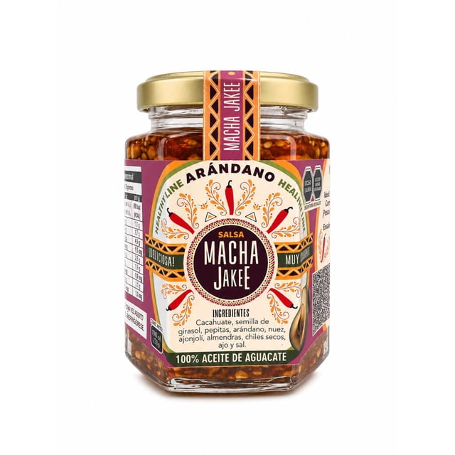 Salsa Macha Jakee de Arandano 190 ml | Aceite de a Aguacate | Salsa Artesanal Gourmet Mexicana | Chile Seco, Semillas | Ideal para Carnes, Quesos y Botanas.